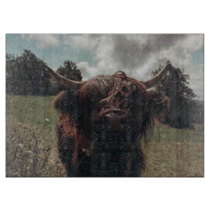 Schwarze schottische Hochlandkuh grast Vintage Ret Schneidebrett