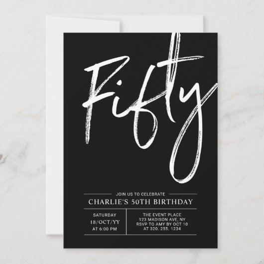 Schwarze Schrift 50 | Moderne 50. Geburtstagsparty Einladung (Vorderseite)
