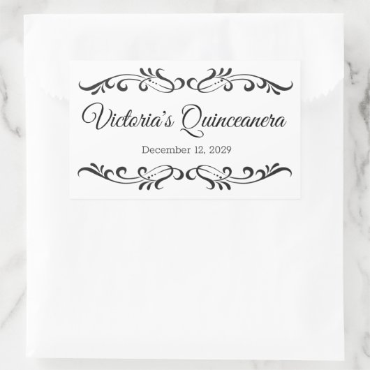 Schwarze Schriftrollen, individuelles Quinceanera- Rechteckiger Aufkleber (Tasche)