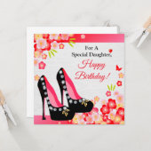 Schwarze Schuhe mit Diamant & Gold Tochter Geburts Karte (Vorderseite/Rückseite Beispiel)