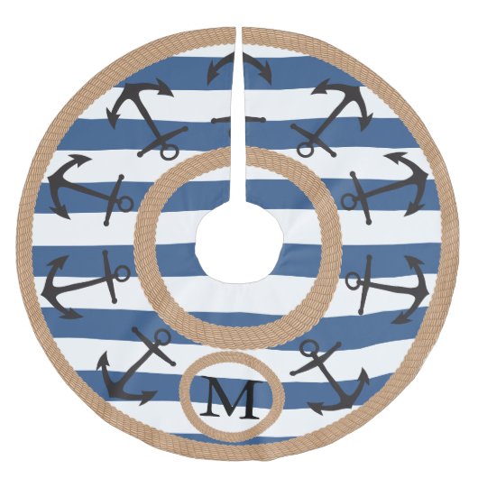 Schwarze Seeanker und Seil-gestreiftes Monogramm Polyester Weihnachtsbaumdecke (Vorderseite)