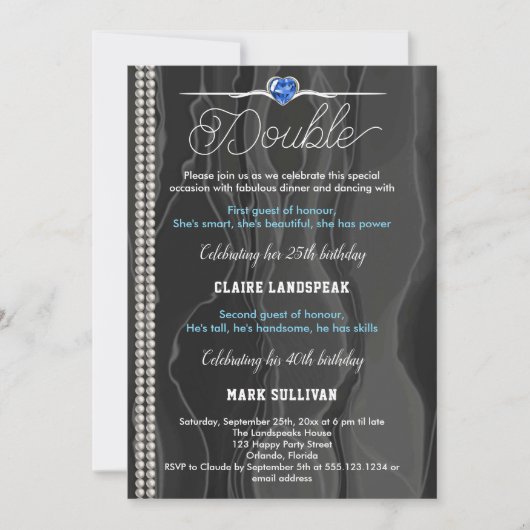 Schwarze Seide, Perlen & Blauer Erwachsener Geburt Einladung (Vorderseite)