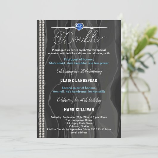 Schwarze Seide, Perlen & Blauer Erwachsener Geburt Einladung (Stehend Vorderseite)