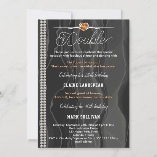 Schwarze Seide, Perlen und Orangene Erwachsenenbil Einladung (Vorderseite)