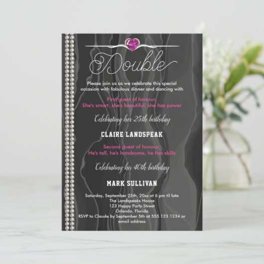 Schwarze Seide, Perlen und rosa Erwachsener Geburt Einladung (Stehend Vorderseite)