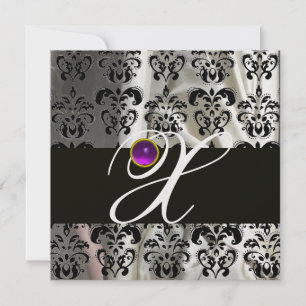 SCHWARZE SEIDEN-DAMAST-MONOGRAMM LILA AMETHYST EINLADUNG