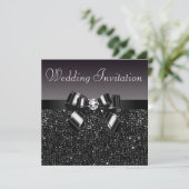 Schwarze Sequenzen, Bow & Diamond Hochzeit Einladung (Stehend Vorderseite)