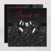 Schwarze Sequenzen, Bow & Diamond Pink Sweet 16 Einladung (Vorne/Hinten)