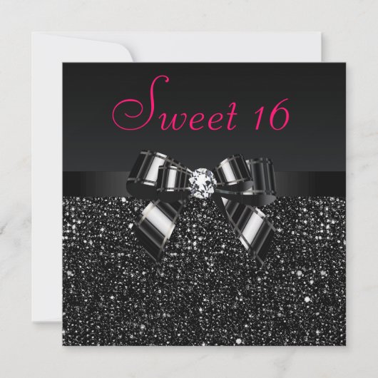 Schwarze Sequenzen, Bow & Diamond Pink Sweet 16 Einladung (Vorderseite)