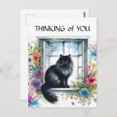 Schwarze sibirische Katze im Wasser des Fensters Postkarte (Vorne/Hinten)