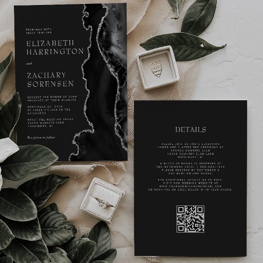 Schwarze Silber-Achat-Dunkle QR-Code-Hochzeit Einladung