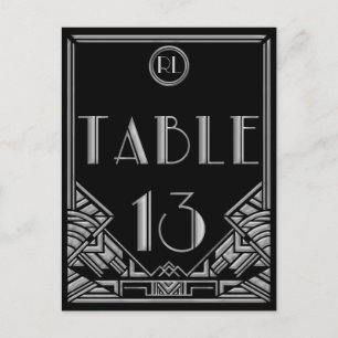 Schwarze Silber Art Deco Gatsby Stil Tisch Nummer Postkarte