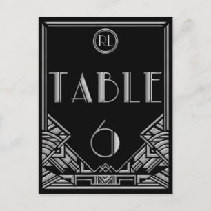 Schwarze Silber Art Deco Gatsby Stil Tisch Nummer Postkarte