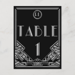 Schwarze Silber Art Deco Gatsby Stil Tisch Nummer Postkarte