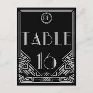 Schwarze Silber Art Deco Gatsby Stil Tisch Nummer Postkarte
