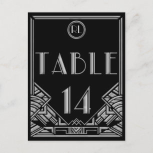 Schwarze Silber Art Deco Gatsby Stil Tisch Nummer Postkarte