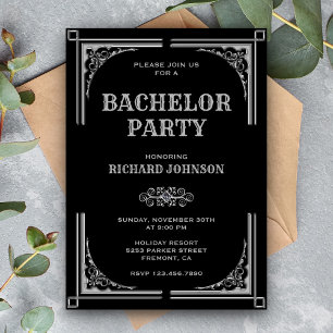 Schwarze Silber Art Deco Junggesellenparty Einladung