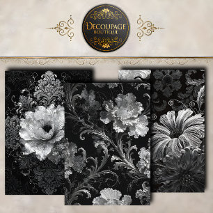 Schwarze Silber Barock Blumen Dekupage Sammlung Geschenkpapier Set