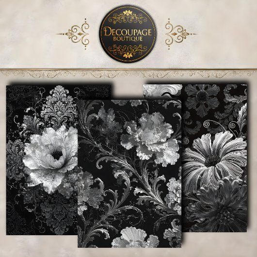 Schwarze Silber Barock Blumen Dekupage Sammlung Geschenkpapier Set