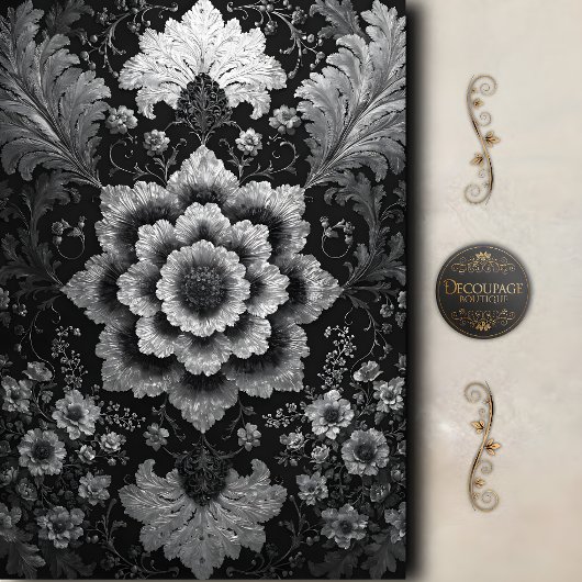Schwarze Silber-Blumendamaskendekoupage Seidenpapier