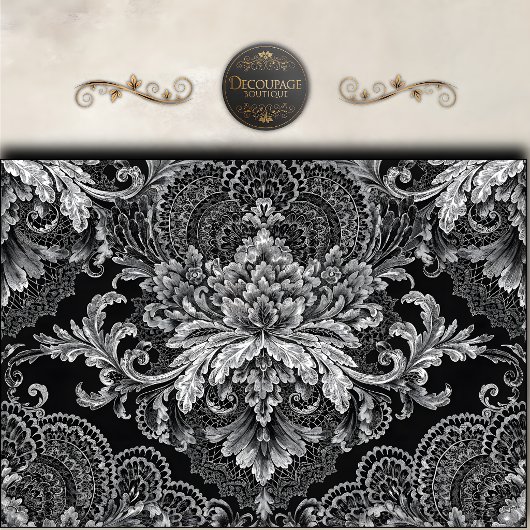 Schwarze Silber-Damask-Floral-Dekoupage Seidenpapier