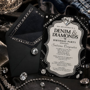 Schwarze Silber-Denim- und Diamant-Glam-Geburtstag Einladung