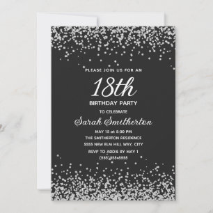 Schwarze Silber-Diamant-Glitter 18. Geburtstag Einladung