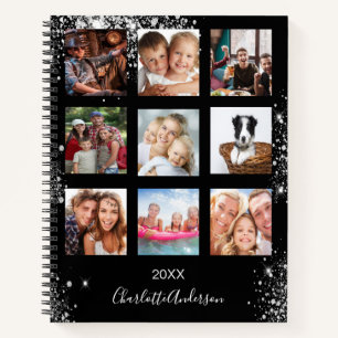 Schwarze Silber-Fotocollage-Monogramm Glitter Notizblock