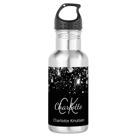 Schwarze Silber-Glitter-Monogramm-Initialen Name Edelstahlflasche (Vorderseite)