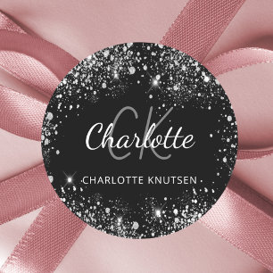 Schwarze Silber-Glitter-Monogramm-Initialen Name Runder Aufkleber