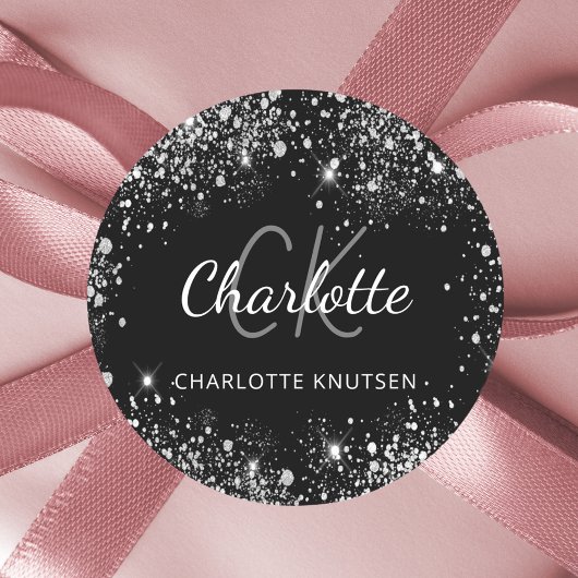 Schwarze Silber-Glitter-Monogramm-Initialen Name Runder Aufkleber