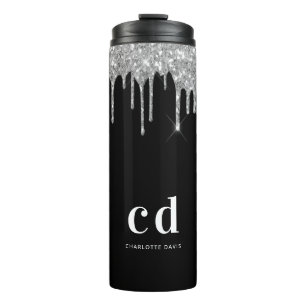 Schwarze Silber-Glitter-Tropfen-Monogramm-Funkeln Thermosbecher