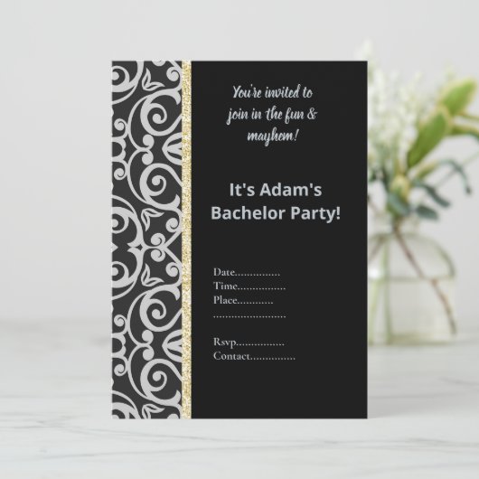SCHWARZE SILBER GRAY PATTERN BACHELOR PARTEI EINLA EINLADUNG (Stehend Vorderseite)