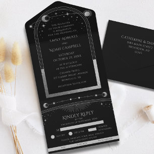 Schwarze Silber-Hochzeit Sonne Mond Sterne All In One Einladung