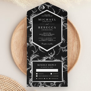 Schwarze Silberfolie Flourish Wirbel Hochzeit All In One Einladung