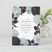 Schwarze & silberne Foto-/QR-Code-Blumenhochzeit Einladung (Stehend Vorderseite)