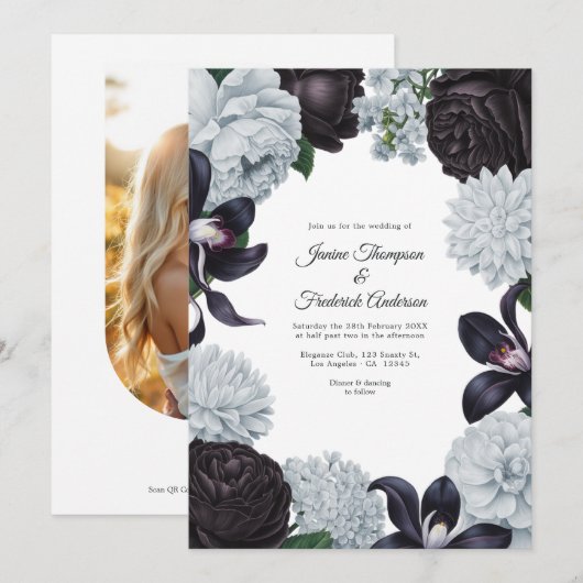 Schwarze & silberne Foto-/QR-Code-Blumenhochzeit Einladung (Vorne/Hinten)