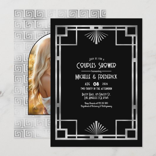 Schwarze & silberne Gatsby-Art-Deco-Couples-Shower Einladung (Vorne/Hinten)