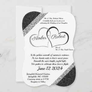 Schwarze & silberne Hochzeitseinladung mit Herzged Save The Date