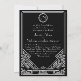Schwarze silberne Kunst-Deko Gatsby Art-Hochzeit Einladung
