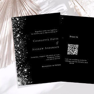 Schwarze silberne QR-Code-RSVP-Details Hochzeit Einladung