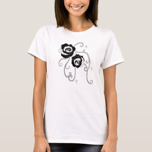 Schwarze silberne Rosen T-Shirt (Vorderseite)