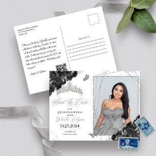 Schwarze & silberne Tiara-Quinceañera-Fotokarte Postkarte