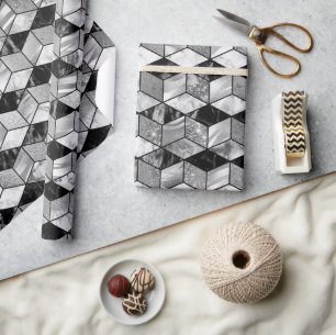 Schwarze, silberne und weiße Marmortextur geometri Geschenkpapier