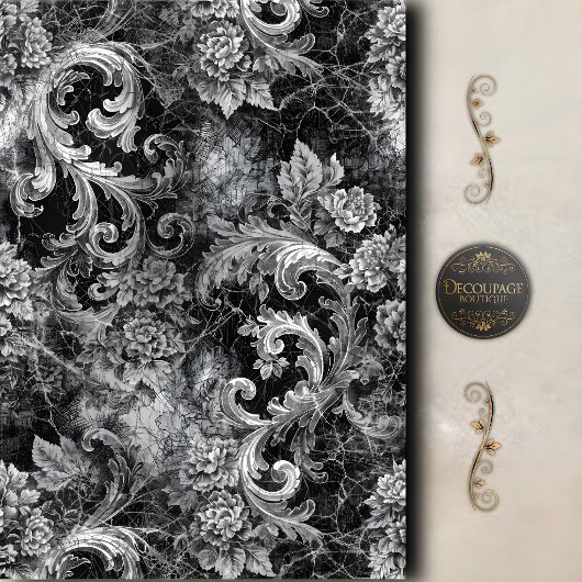 Schwarze Silberrolle Floral Decoupage Seidenpapier