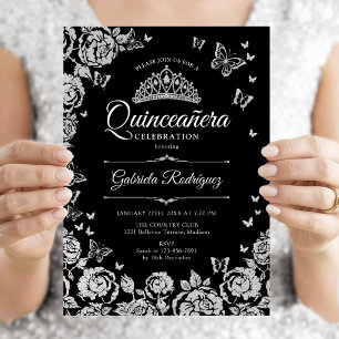 Schwarze Silberrosen Schmetterlinge Quinceanera Einladung