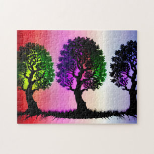 Schwarze Silhouette Bäume mit farbenfrohen Blätter Puzzle