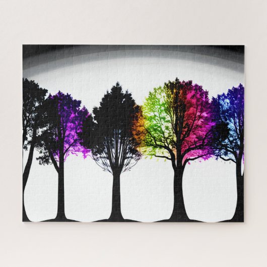 Schwarze Silhouette Bäume mit farbenfrohen Foliage Puzzle (Horizontal)