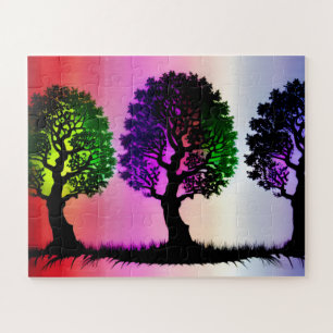 Schwarze Silhouette Bäume mit farbenfroher Himmels Puzzle
