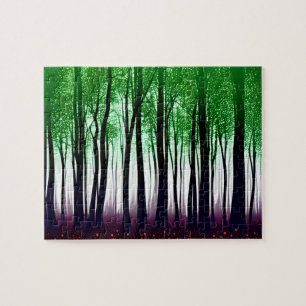 Schwarze Silhouette Bäume mit Grün auf Lila Boden Puzzle